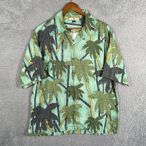 TOMMY BAHAMA Hawaiian Tropical 100% Silk Men's Shirt Palm Trees LARGE - Picture 1 of 9